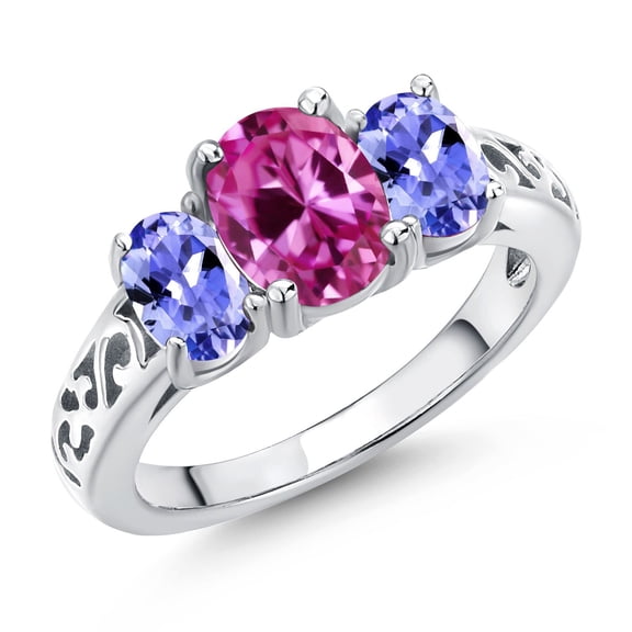 Gem Stone King 925 Sterling Silver Pink Created Sapphire and Blue Tanzanite Filigree Style 3 Stone Ring for Women (2.55 Cttw, Oval 8X6MM and 6X4MM) (Size 6)