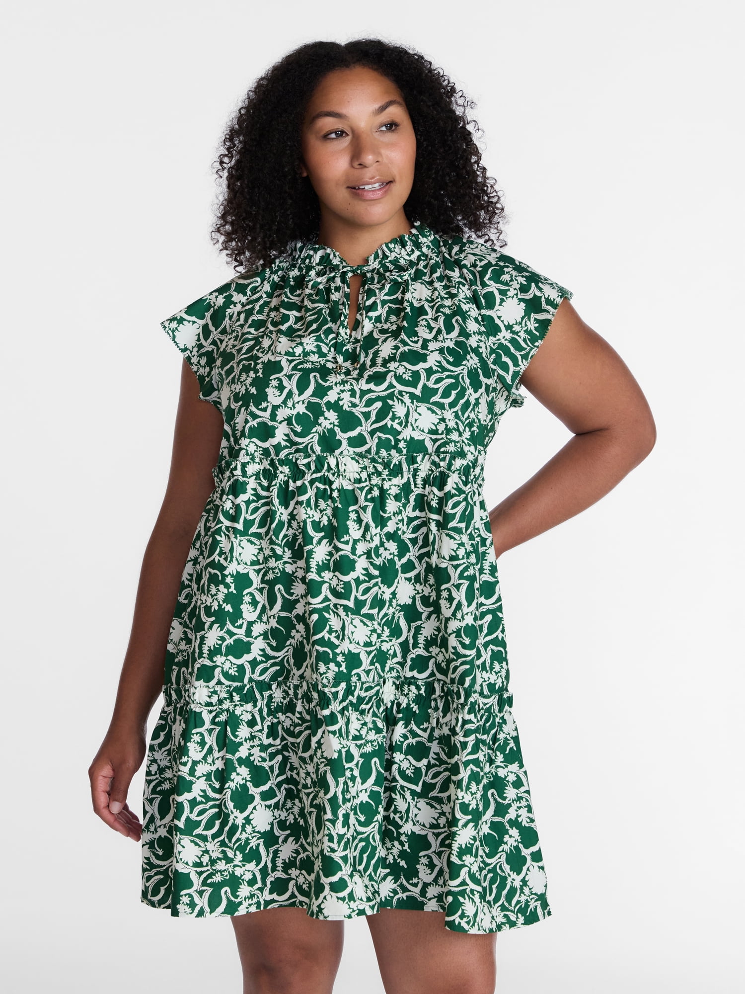 Time and Tru Women's and Women's Plus Tiered Cotton Mini Dress with Flutter Sleeves, Sizes XS-4X