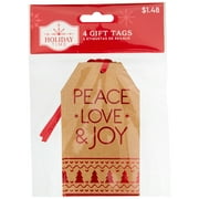 Holiday Time Brown Kraft Paper Tag, Peace Love Joy , 2.5" x 4", Attached Ribbon, 4 Count