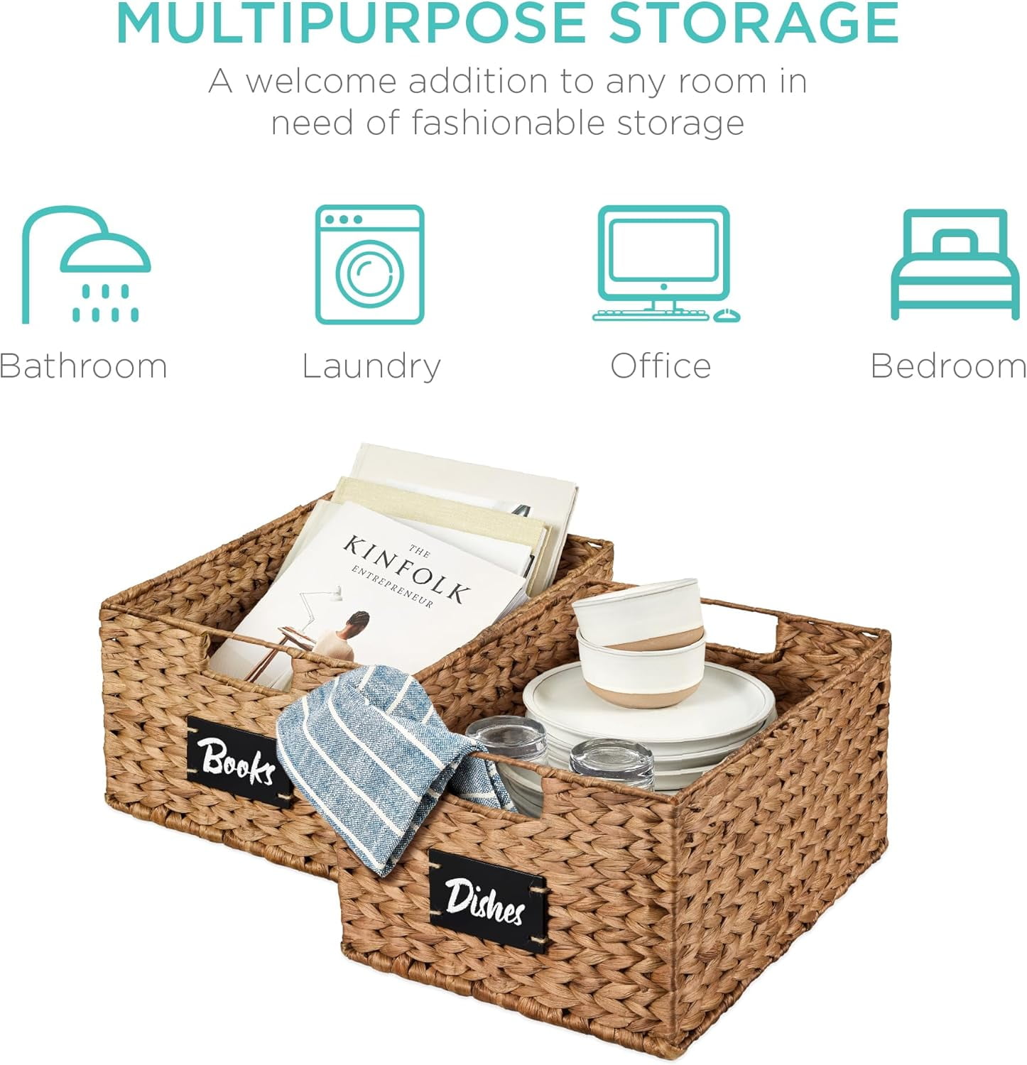 Neatifyes Pantry Baskets Set of 2 16x12in Water Hyacinth Storage Baskets, Woven Wicker Kitchen Organizers with handles w/Chalkboard Label Chalk Marker - Chestnut