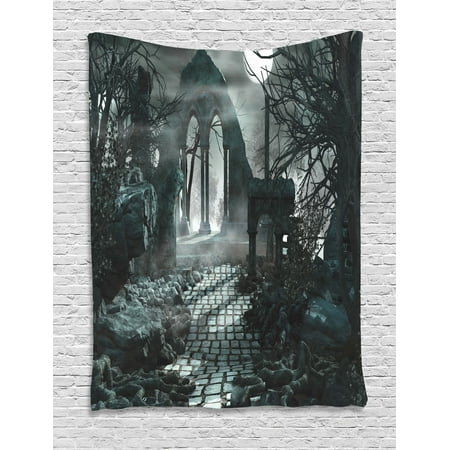 Gothic Tapestry, Full Moon over Medieval Temple Ruins at Night Dark Scary Backdrop Middle Ages Image, Wall Hanging for Bedroom Living Room Dorm Decor, Blue Grey, by Ambesonne