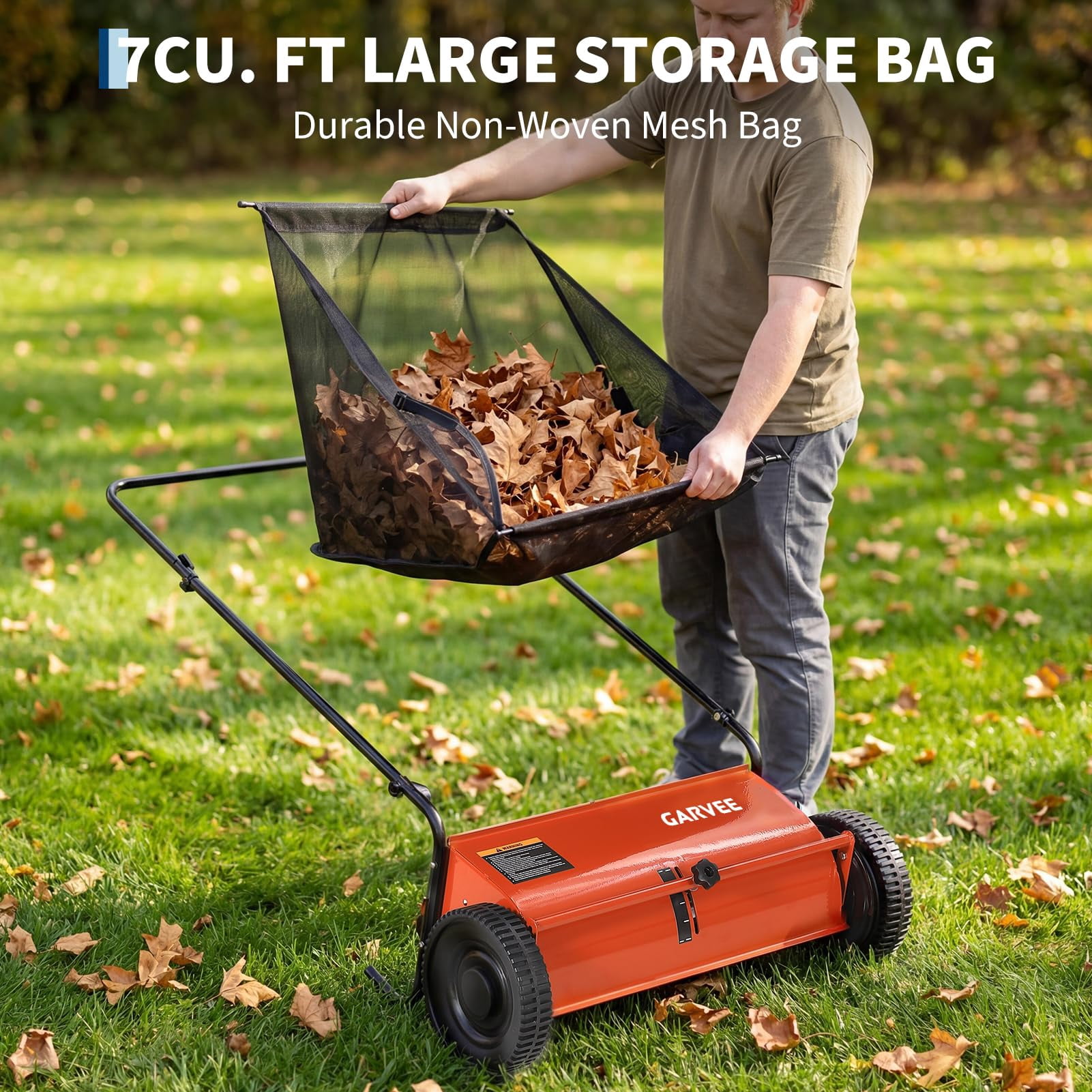 26 Inch Push Lawn Sweeper, 7 Cu. ft Grass Cutter, 4 High-Speed Spinning Brushes, Durable Steel Construction, Walk-Behind Leaf & Grass Collector for Yard Cleanup,Orange