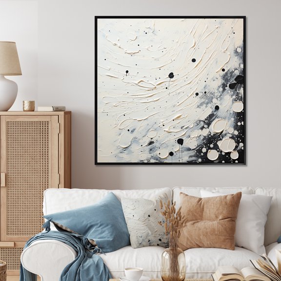 Designart "Minimalist Wave Grey and White Mid Century" Abstract Collages Floater Framed Canvas Print