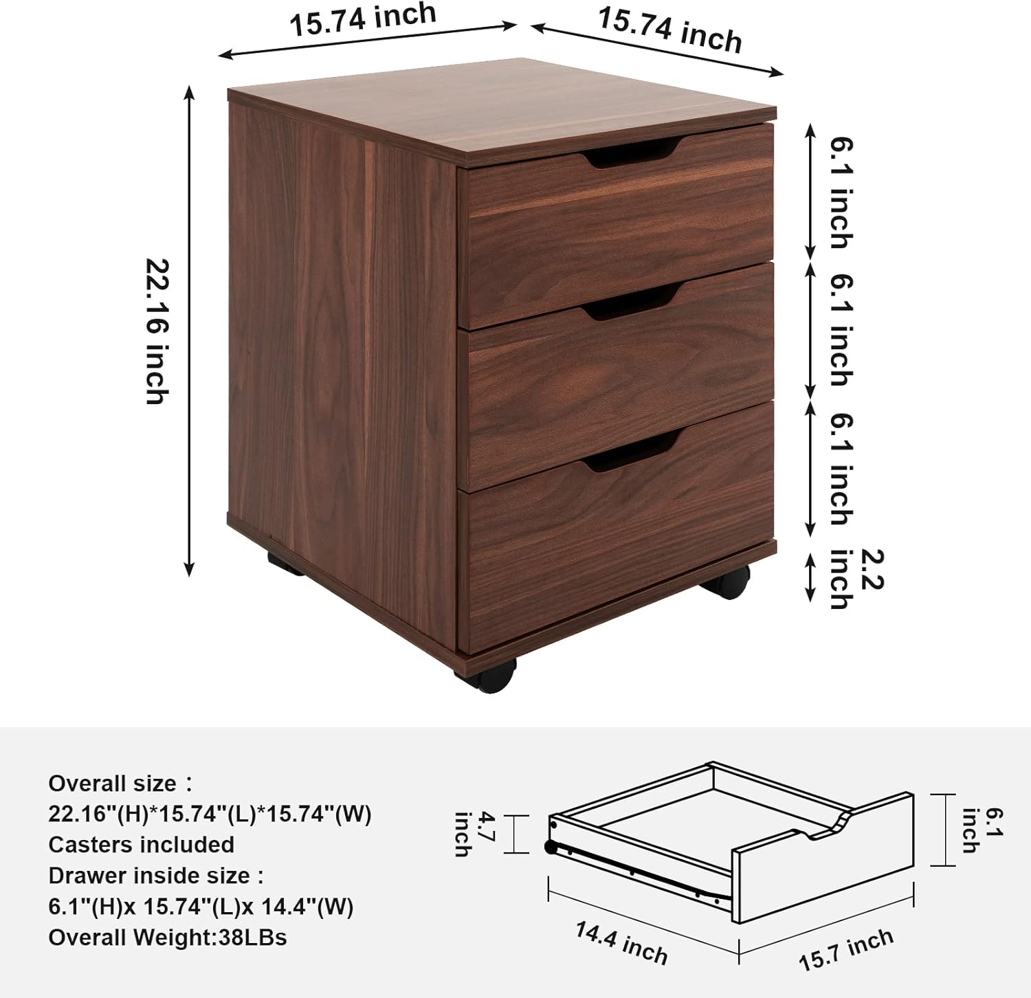 3-Drawer Vertical Filing Cabinet Rolling Wood Mobile File Cabinets Under Desk for Home Office with Casters (Brown Walnut, Fully Assembled)