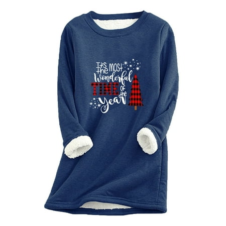 

FRSASU Plus size top Clearance Women Loungewear Nightgowns Long Sleeve Christmas Print Fall Fleece Tops Blue 12(XXL)