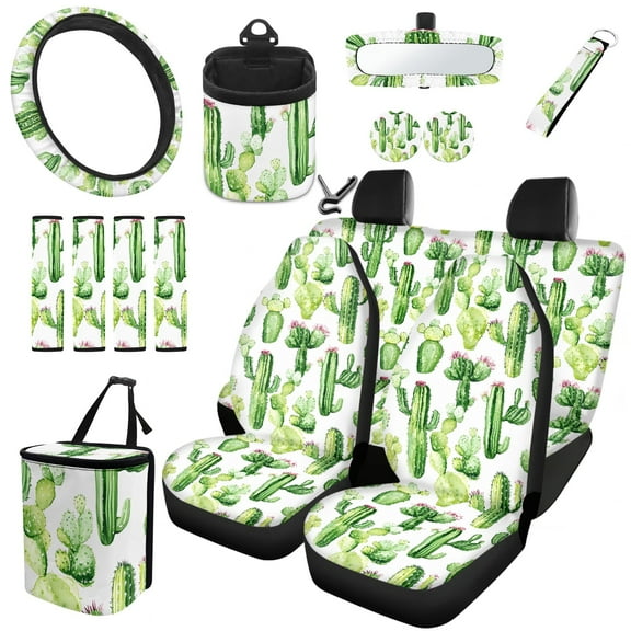 Yuyamidu Cactus Car Seat Cover Full Set 15 PCS Green Steering Wheel Cover Seat Belt Strap Pads Cup Coasters Gabage Box Air Vent Storage Bag Rearview Mirror Cover Keychain Auto Decor