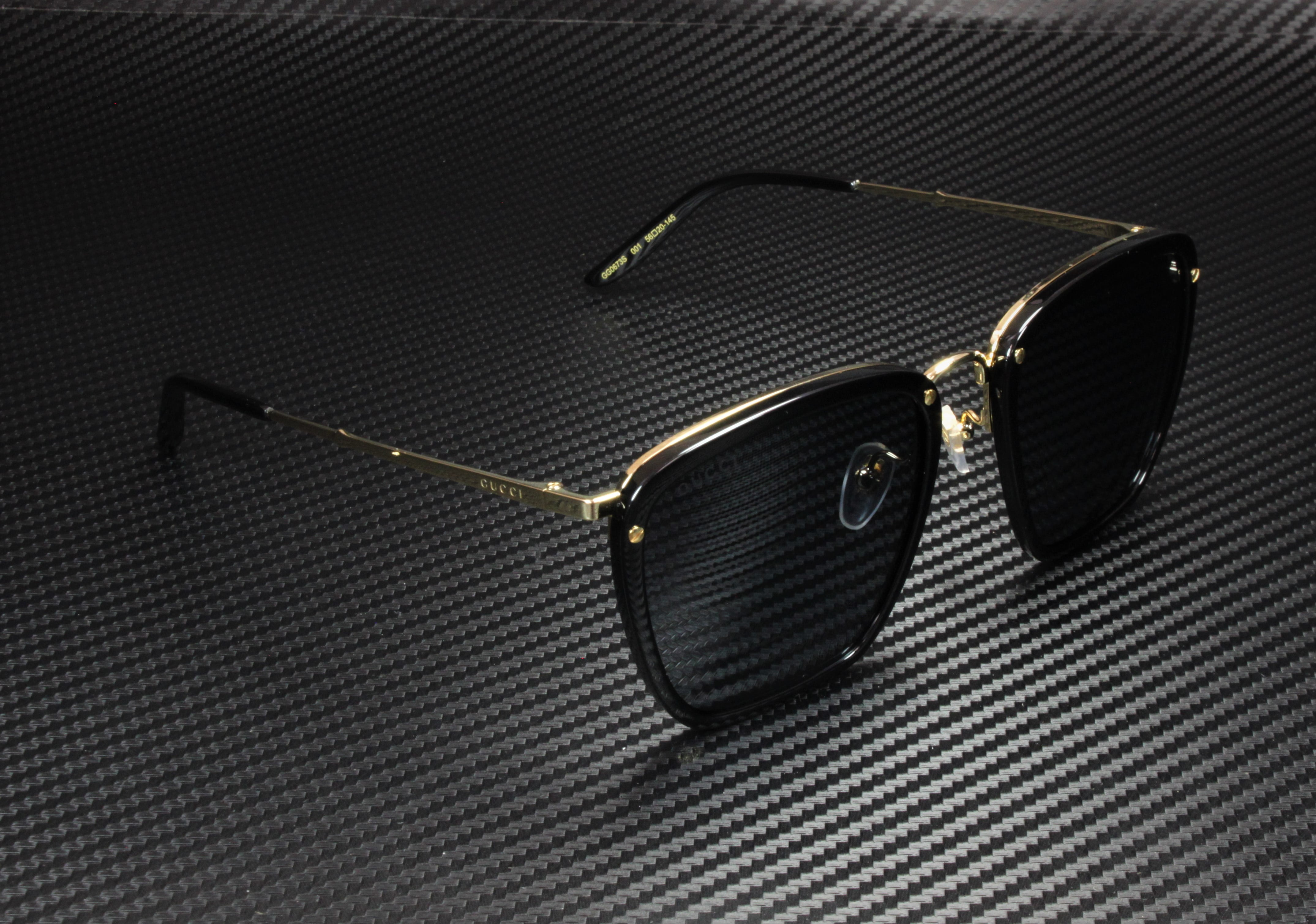 GUCCI GG0673S 001 Rectangular Square Black Shiny Gold Grey 