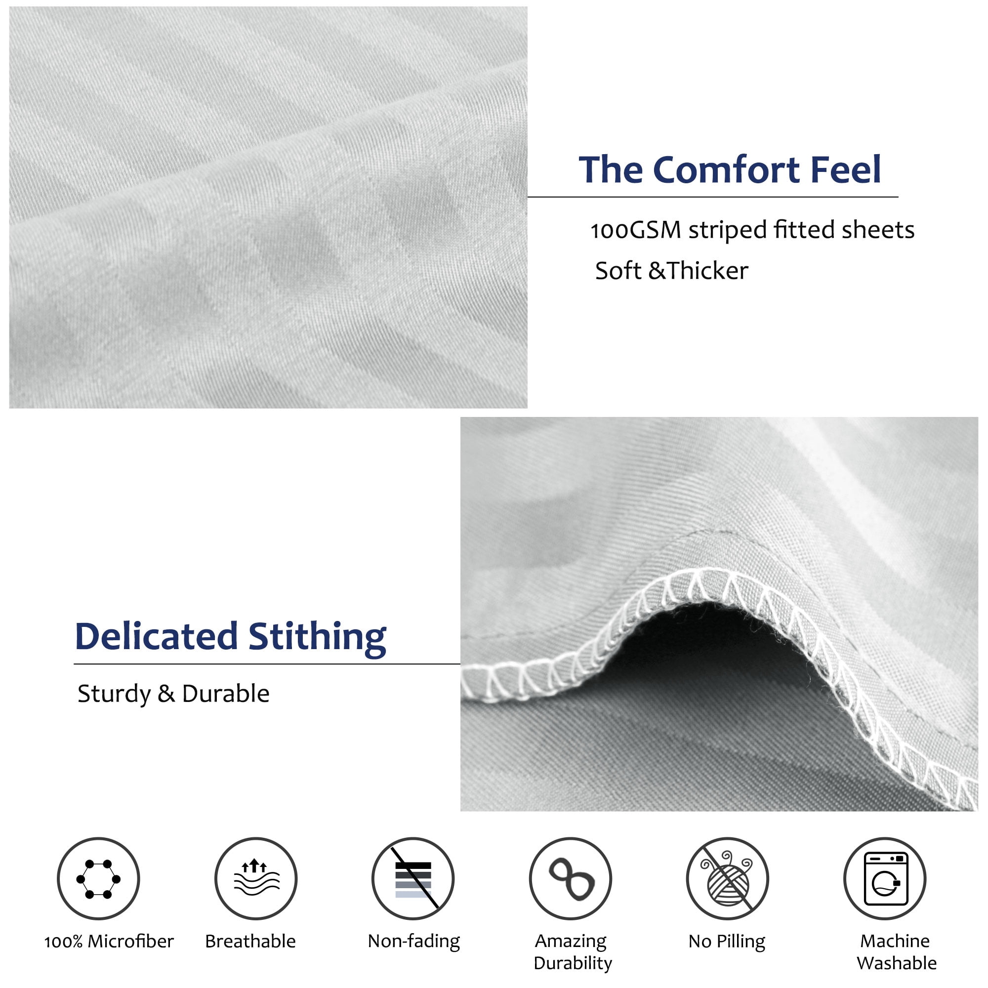 Unique Bargains Soft 100GSM Striped 16 Inch Deep Pocket Fitted Sheets King Light Gray