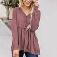 thumbnail image 3 of Blusa con botones y volantes y dobladillo suelto para el hogar y la oficina, color rosa, talla S - Blusa de manga larga con escote en V y mezcla de poliéster, 3 of 7