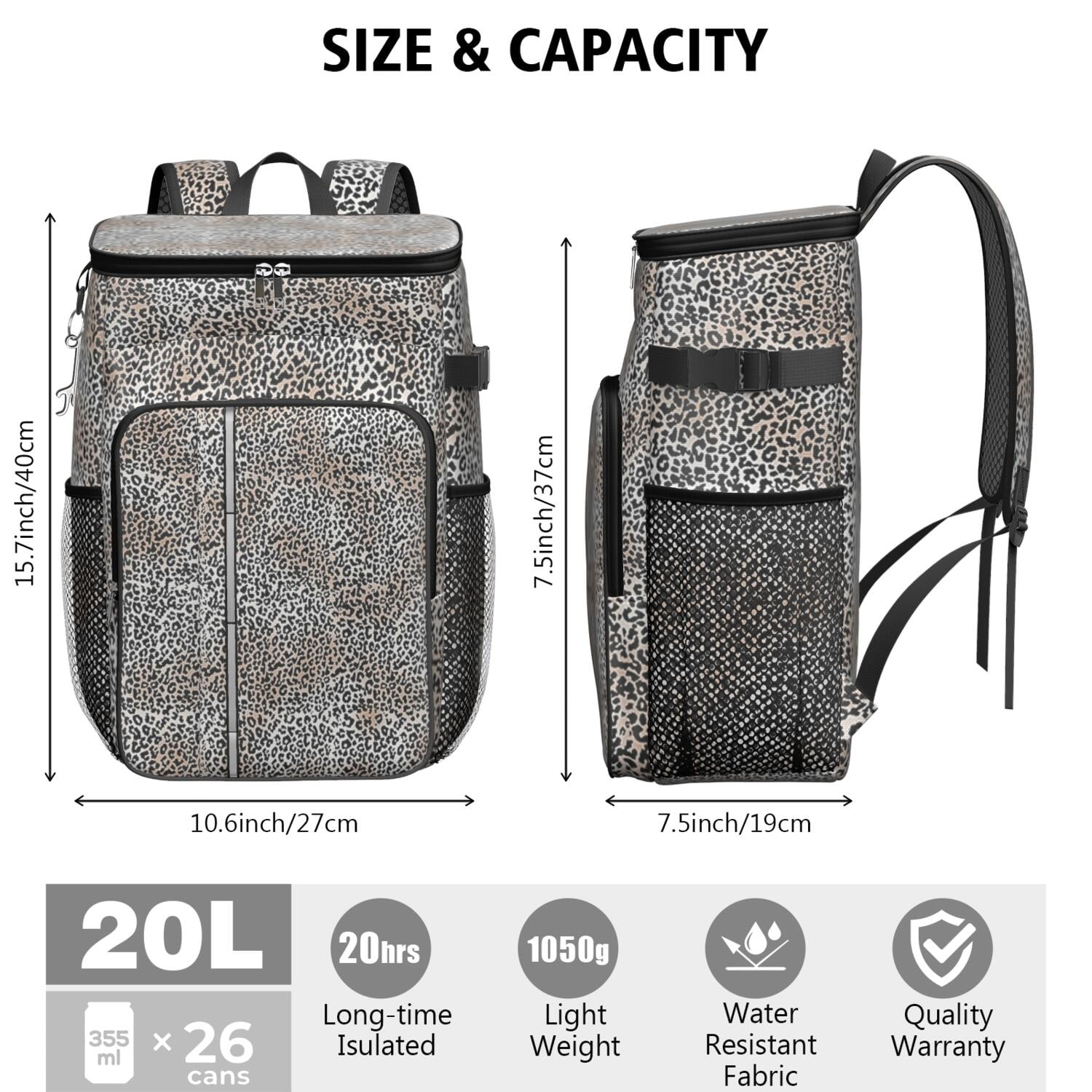 Travel Cooler Bag - Black and Tan Leopard Print Camping Beer Cooler Backpack with Bottle Opener- Waterproof Insulated Picnic Backpacks - Cooler Bag for Beach