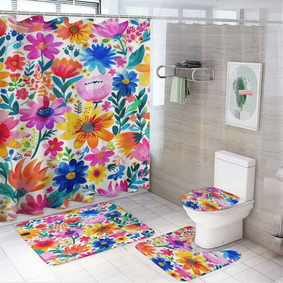 Floral Colorful Flower 4PCS Shower Curtain Sets with Rugs with Non-Slip Bath Mat Toilet Rug，72" X 72"