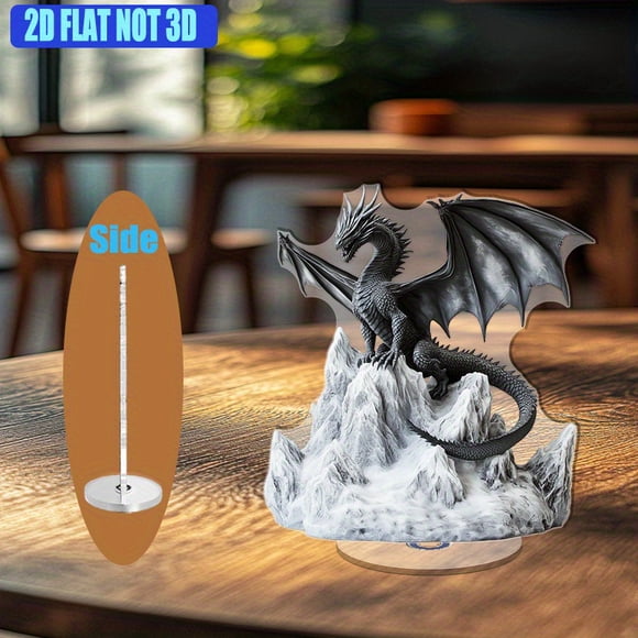 A rotating acrylic ornament featuring a majestic black dragon on a mountain peak, wings spread and scales shimmering against a pure white background