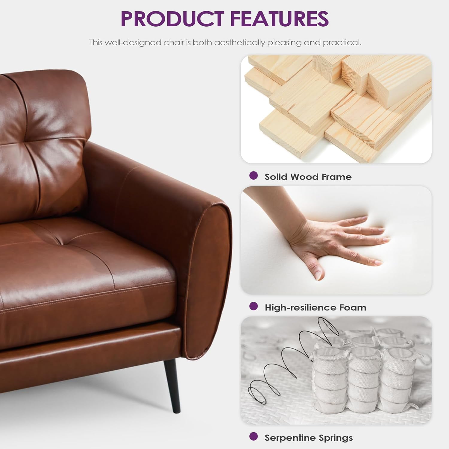 AODAILIHB 61" Mini Leather Arm Couch, 2 Seater Modern L-Shaped Sofa, Mid Century Modern Small Comfy Loveseat Sofa for Living Room, Bedroom, Office, Brown