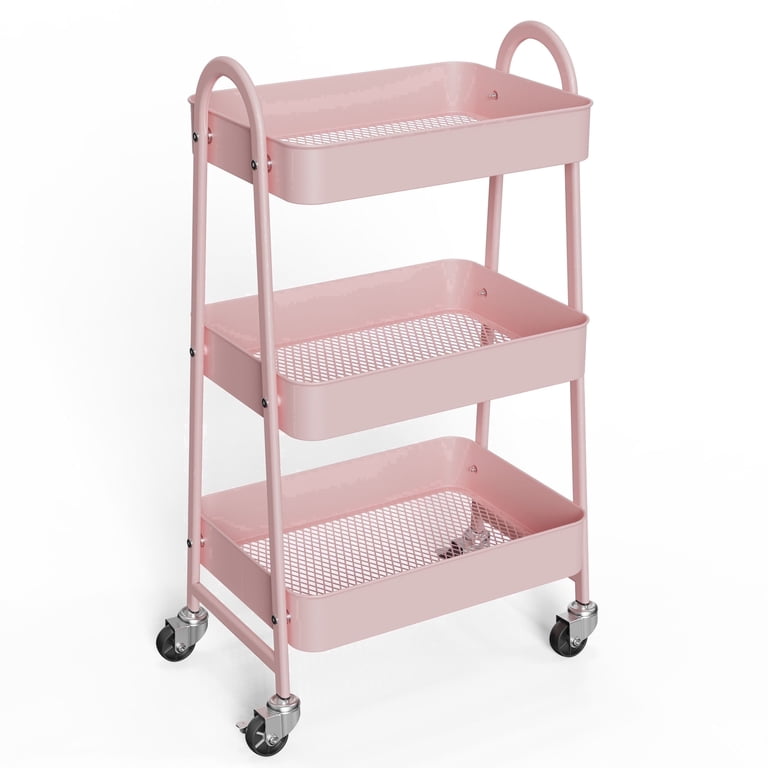 edx 3-Tier Metal Rolling Cart with Mesh Baskets, Pink photo 7