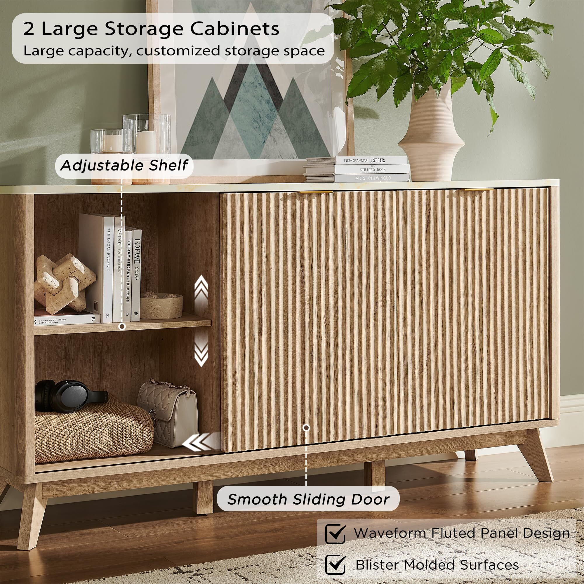 OKD 60" Fluted Wood Dresser with Sliding Doors and 4 Drawers, Modern Chest with Faux Marble Top, Chest of Drawers for Bedroom, Living Room, Natural Oak