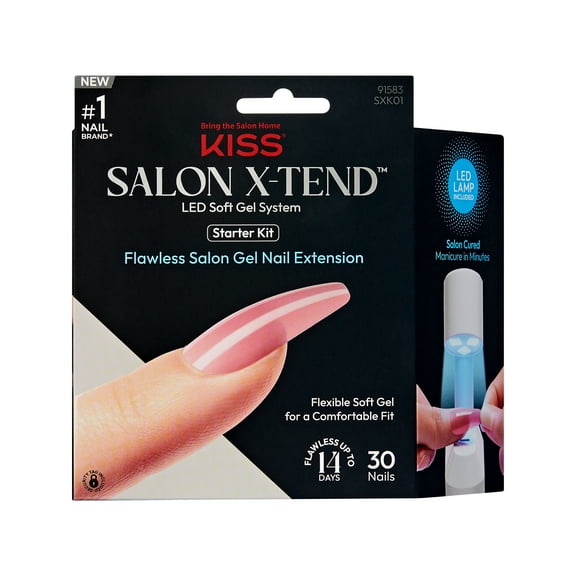 KISS Salon X-tend LED Soft Gel System Press on Nails, Tone, Pink, Long Coffin, 30 Count