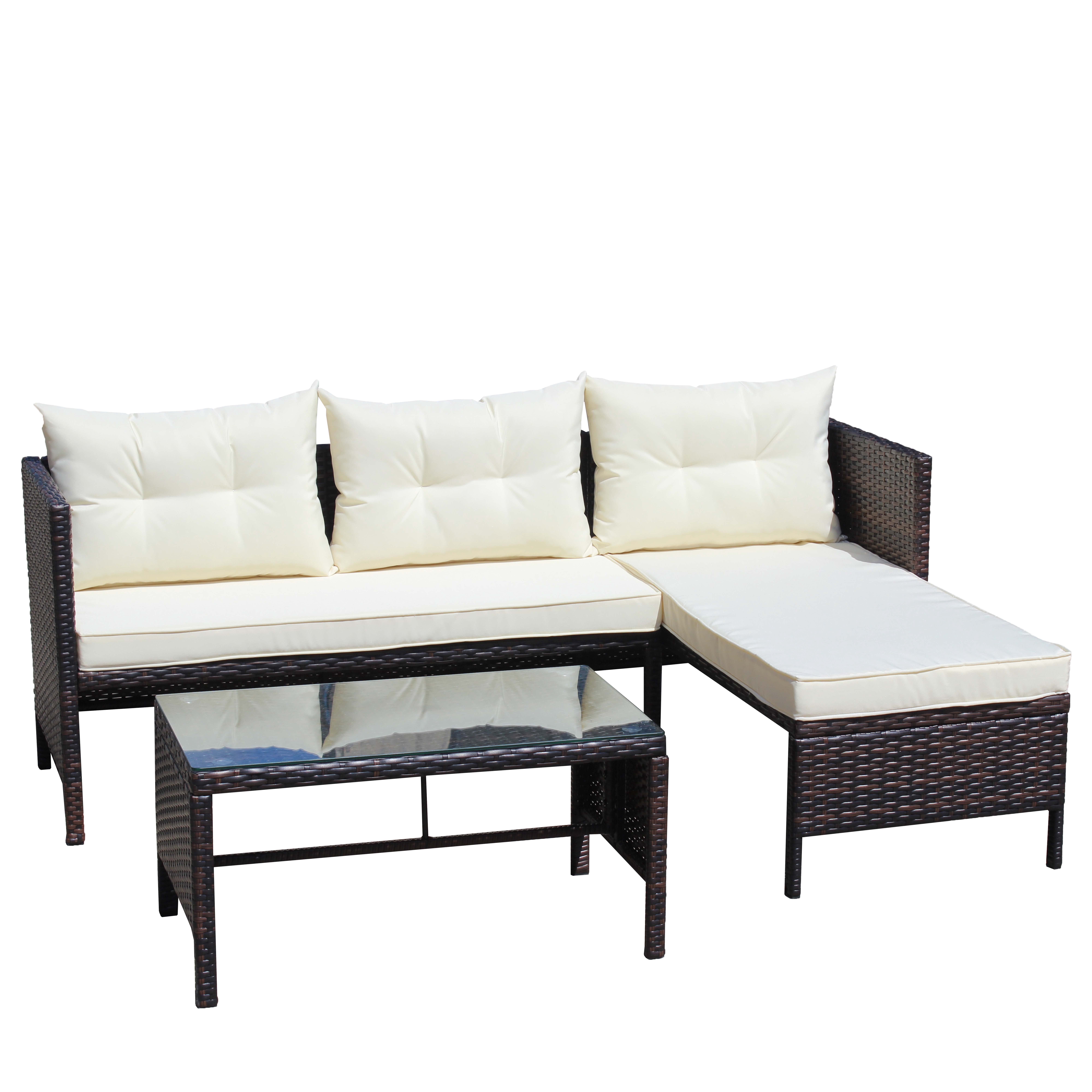 Outdoor Patio Furniture Sets 3 Piece Conversation Set wicker Ratten Sectional Sofa With Seat Cushions (Beige Cushion)