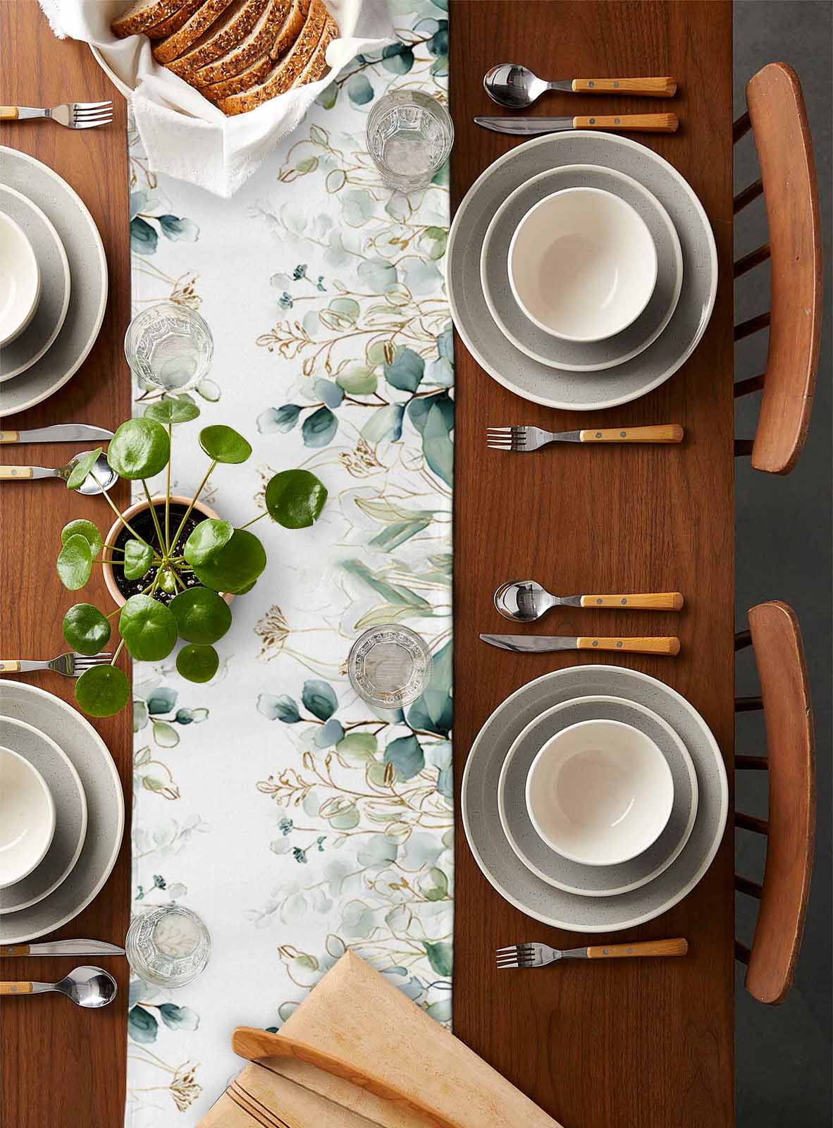 Eucalyptus Leaves Table Runner 70 Inches, Watercolor Sage Green Golden Floral Bed Runner Dresser Scarves Tabletop for Indoor Outdoor Parties/Ceremony/Banquet, 13" x 70"