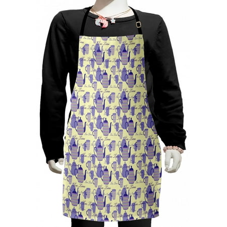 

Tea Party Kids Apron Striped Teapots Cups Silhouettes Classical Calligraphy Pattern Boys Girls Apron Bib with Adjustable Ties for Cooking Baking Painting Pale Yellow Lavender by Ambesonne