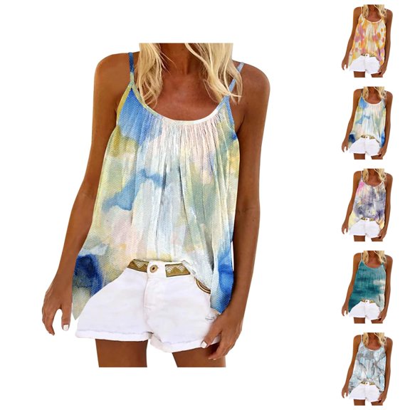 Boho Tank Tops for Women Summer Casual Loose Fit Spaghetti Strap Pleated Front Scoop Neck Camisole Tanks
