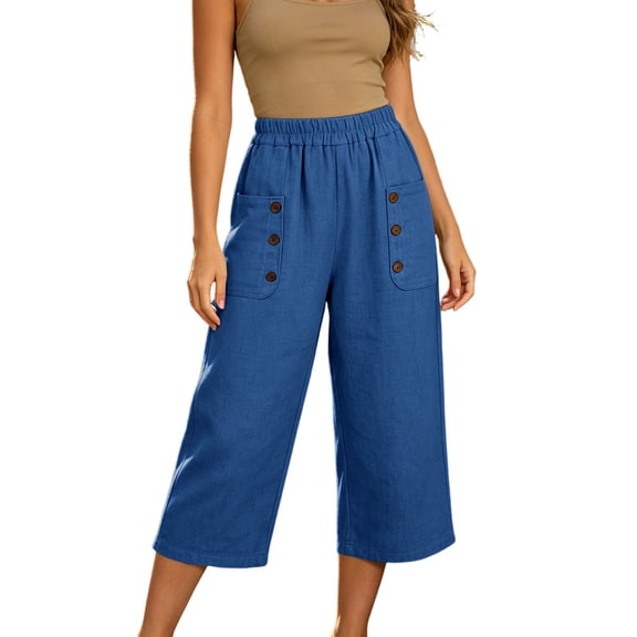 Plus Size Capris Leggings New Women’s Wide Leg Capri Elastic Waist Cropped Pants with Button Pockets Summer Loose Versatile Casual Capris Pants Blue L