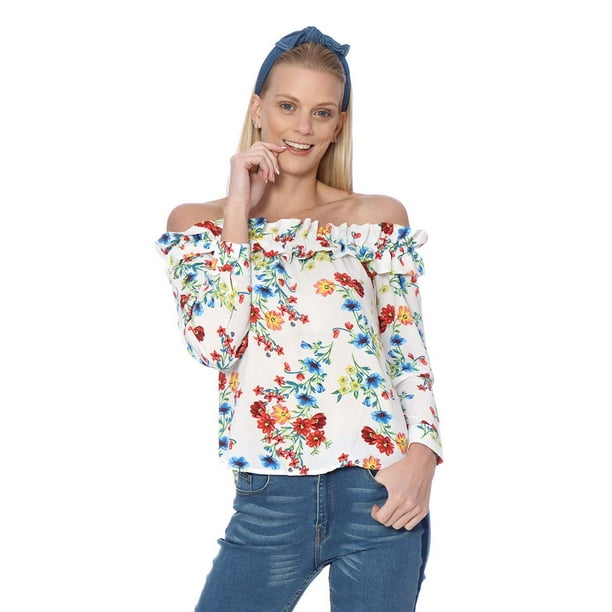 Blusa Mujer Casual Floreada Hombros descubiertos Manga larga Blanca Palassi 3631 Walmart en linea