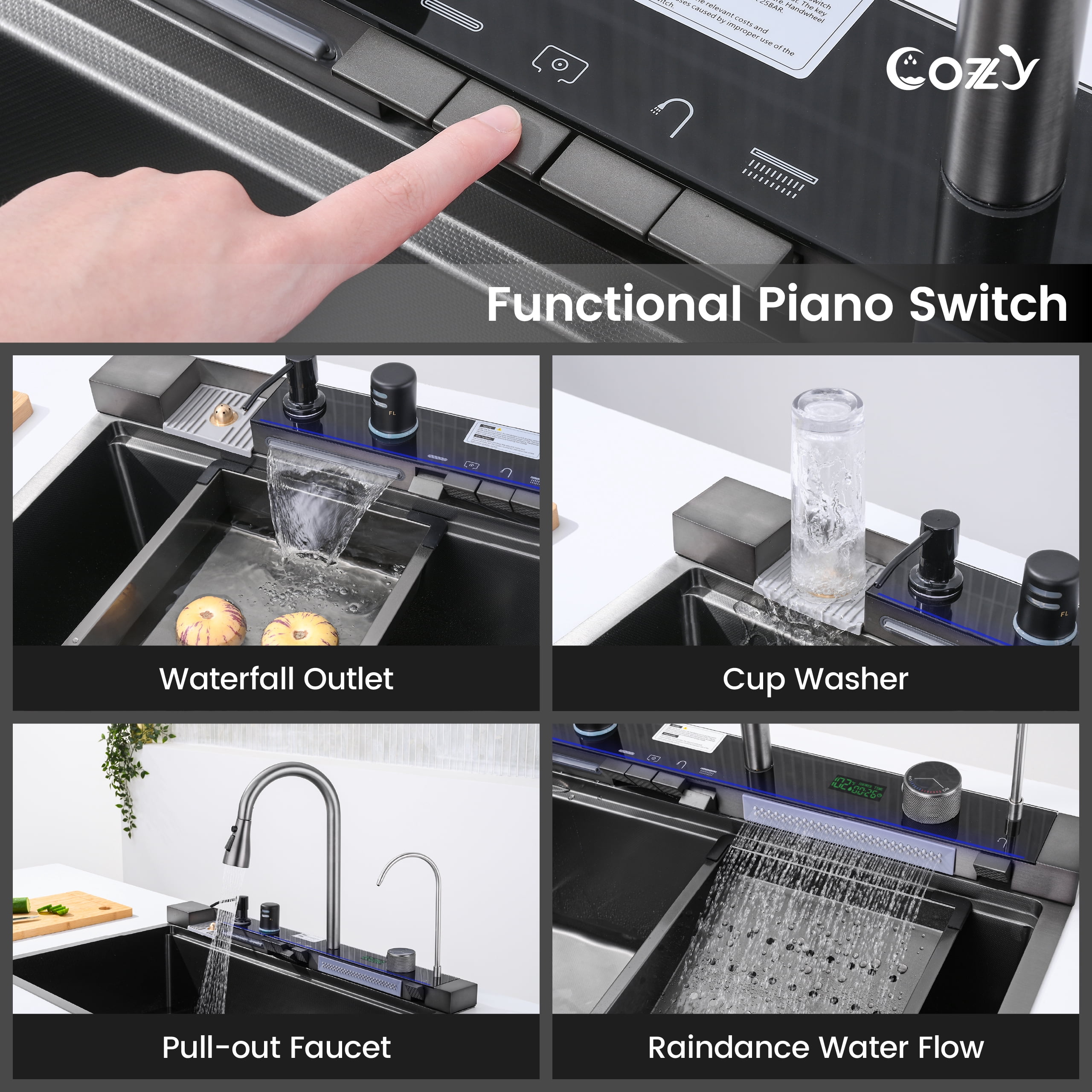 COZY Kitchen Sink Whale Digital Waterfall Sink, Flying rain Waterfall Kitchen Sink with Pull Down Sprayhead Faucet and Pressurized Cup Washer, 33"×22″ Stainless Steel Single Bowl Sink, SS-BL10-332212