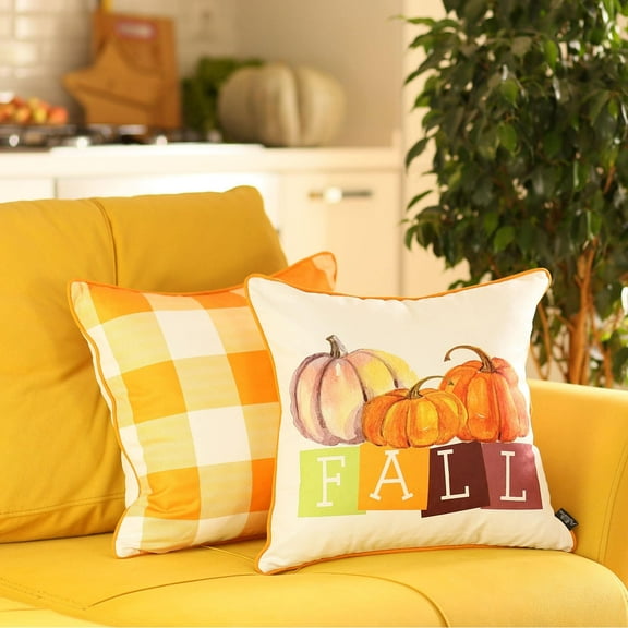 Fall Thanksgiving Decorative Throw Pillow Plaid & Pumpkins Set of 2