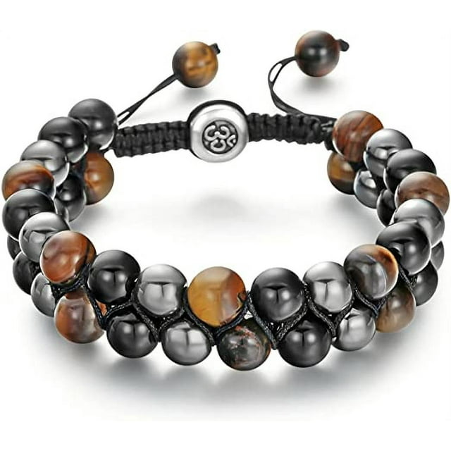 Pulsera de triple protección brillar de cuentas de piedra para hombre ajustable