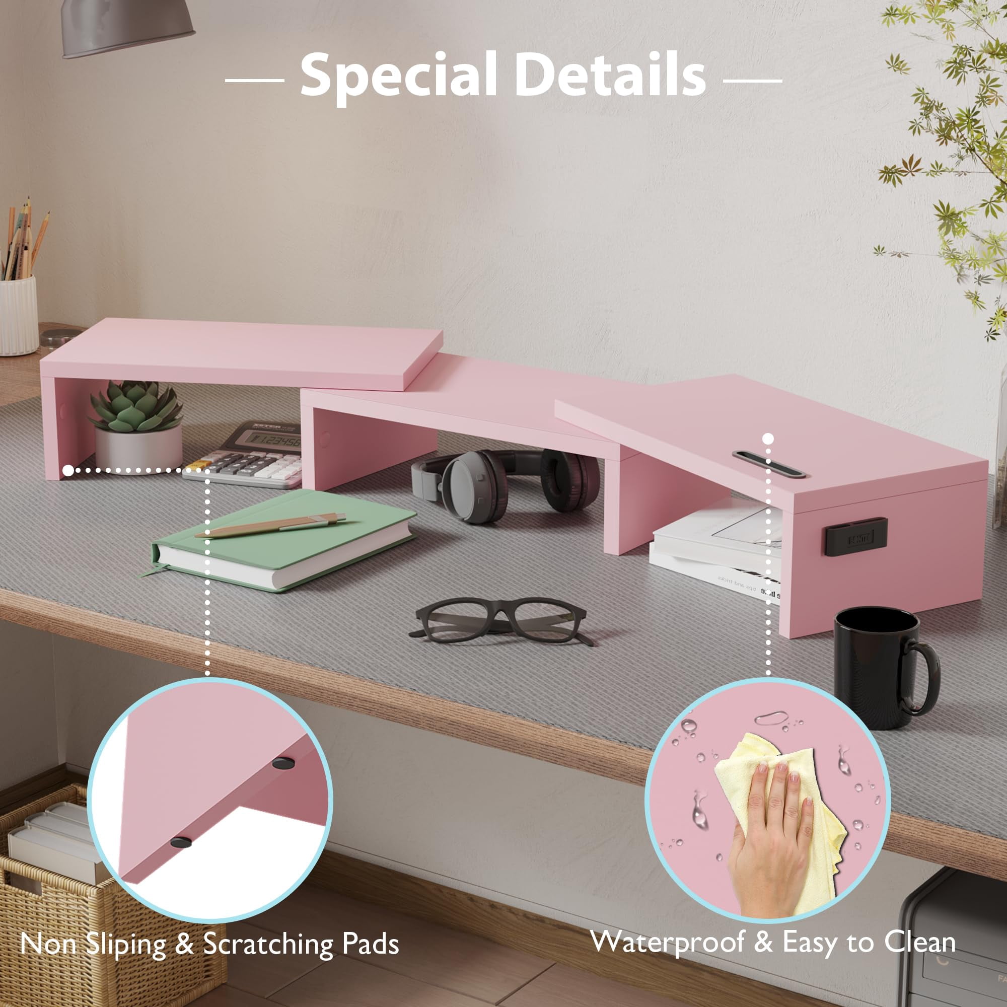 BONTEC Dual Monitor Stand Riser with Smartphone Holder, Adjustable Length & Swivel Angle, Ergonomic Wooden Desktop Organizer for PC Monitor, Laptop, Printer, Large Storage, Pink