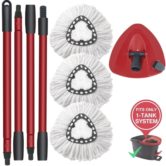5-Piece Spin Mop Replacement Kit - Compatible with O-Cedar EasyWring System | 3 Mop Refills, Mop Base and 57.67inch Handle | Home Cleaning Supplies