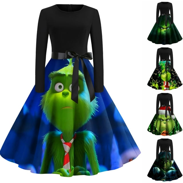 Corashan de Noël Abordable Chandail de Noël Amusant Robe Évasée de Noël pour Femmes Robe à Manches Longues Robe de Fête Décontractée Bleue, G
