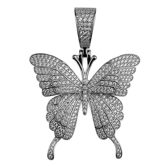 Real Solid 925 Sterling Silver Butterfly Piece Iced Flooded Pendant Small 1.25" Tall