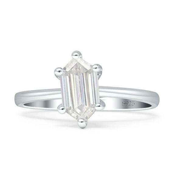 6 Claw Elongated Hexagon Ring Cubic Zirconia White Tone 925 Sterling Silver, Size 5