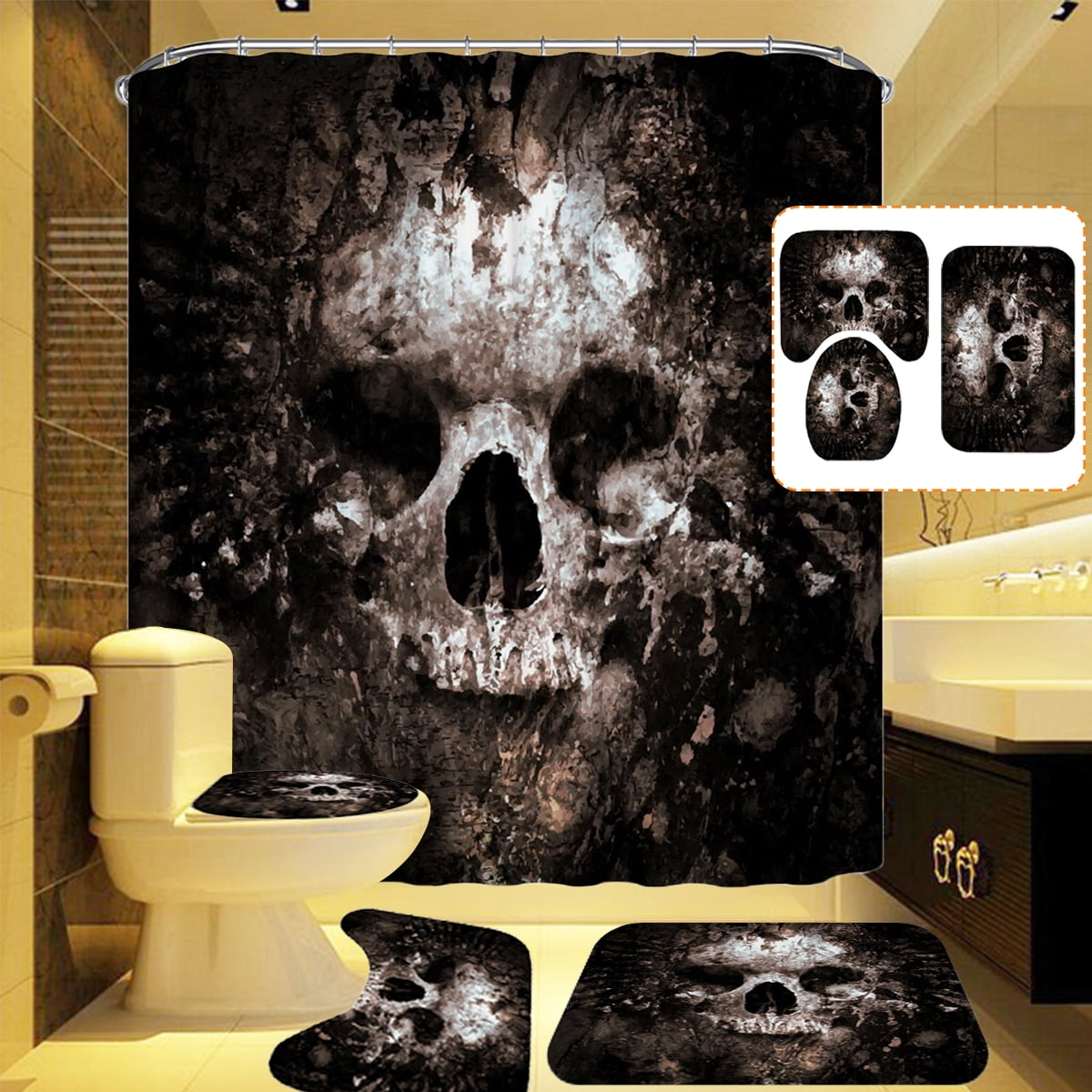 Vintage Rotten Skull Bathroom Mat Waterproof Fabric Shower Curtain & Hooks 180cm 