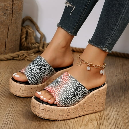 

YOUSNH Ladies Fashion Summer Floral Print Leather Fish Mouth Sloping Heel Thick Sole Sandals Beach Sandals for Woman Orange 8(40)