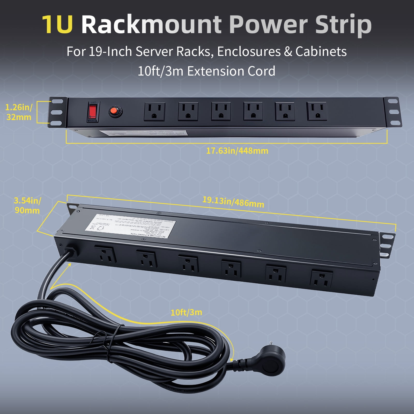 ZHANGONG 1U Rack Mount PDU, 12-Outlet Power Strip with 45° Angled Flat Plug, 6 Front & 6 Rear Outlets, 15A Overload Protection, 10FT Cord for Server Rack