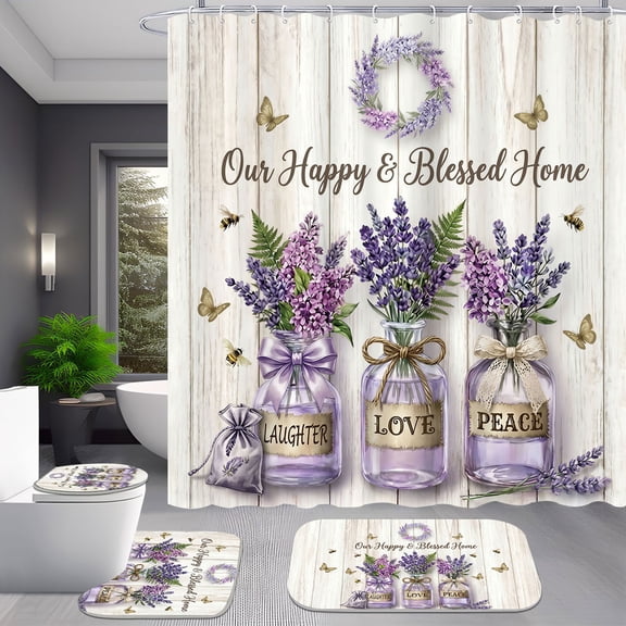 4-Piece Farmhouse Purple Lilac Mason Jar Shower Curtain Set for Bathroom