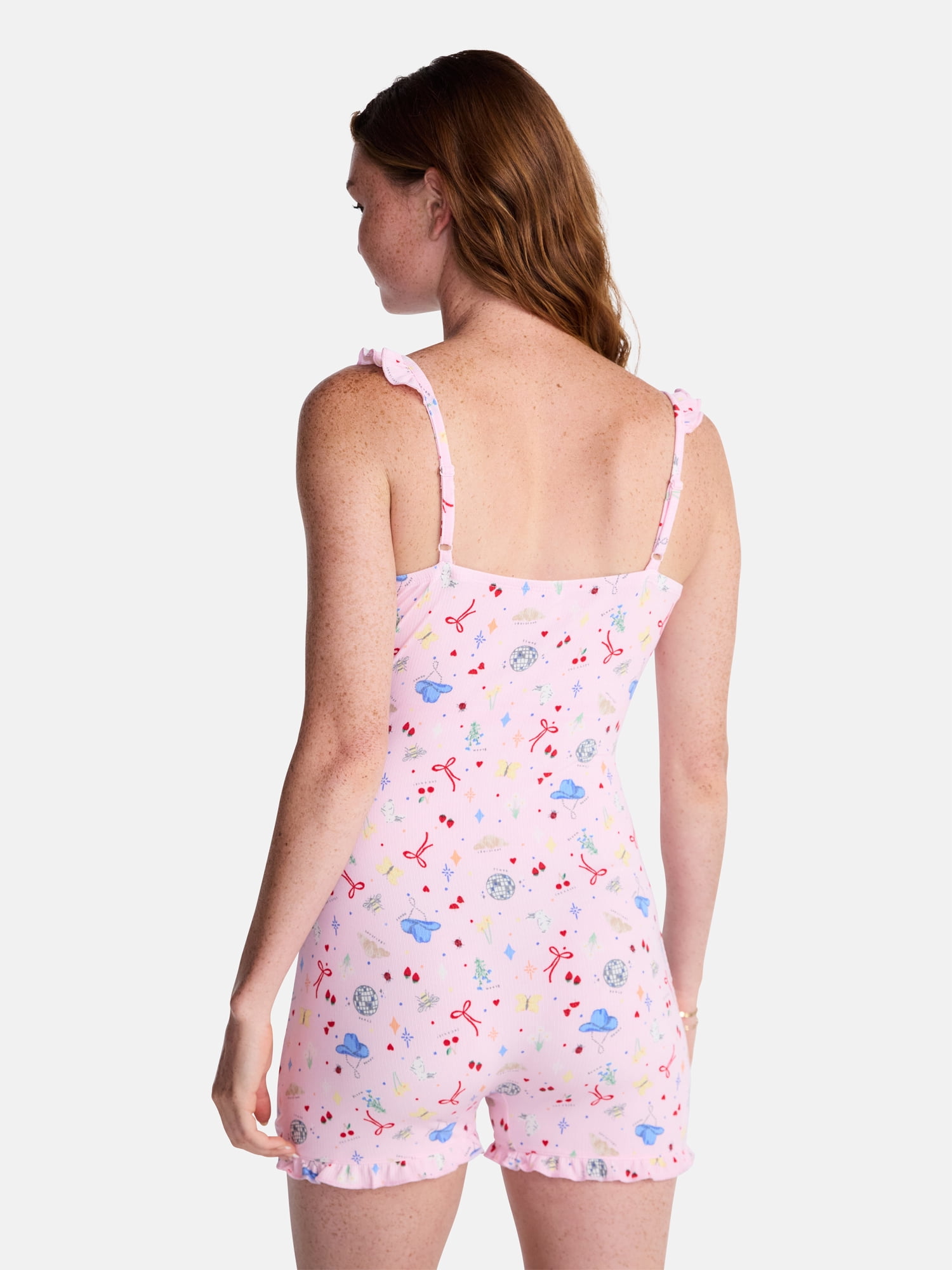 No Boundaries Ruffle Neck Sleep Romper, Women's XS-XXL