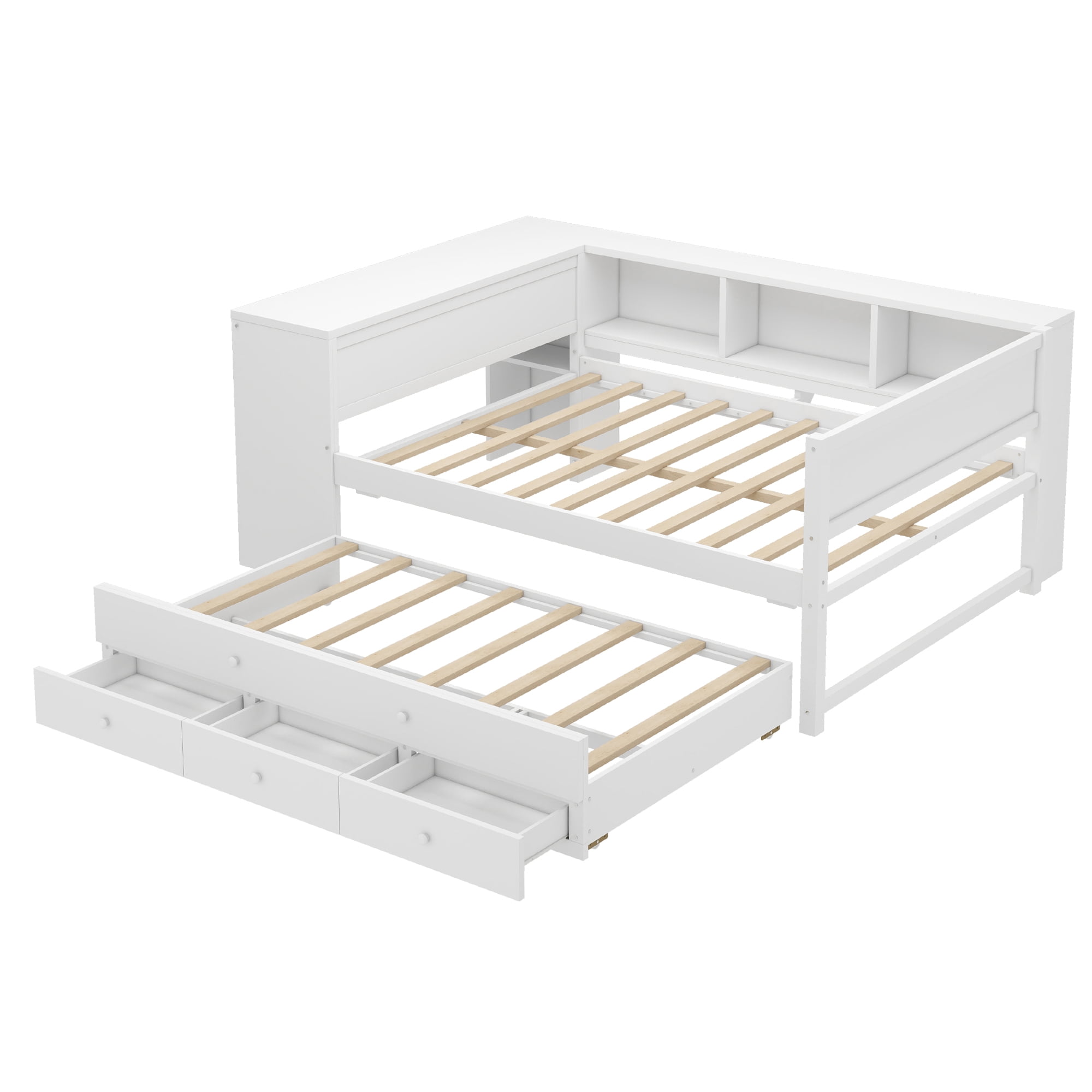 Mintazer Full Wood Platform Bed with Desk & Trundle, Multifunctional Storage Daybed with 5 Side Shelves & 3 Drawers for Bedrooms Guest Rooms for Teens Kids, White