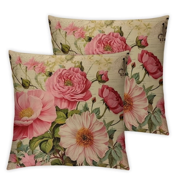 Acheng 2pack Retro Flower Throw Pillow Covers Peony Rose Home Decorative Pillow Covers Vintage Cushion Cases Square Pillowcase 12x12in