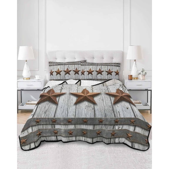 Quilts Twin Size, Western Star Brown Soft Comforter Bedding Set for Bed, Farmhouse Country Retro Wood Grain Lightweight Quilted Bedspread with Pillow Cover(2 Pieces) for All Season, 68x86 Inch