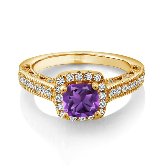Gem Stone King 18K Yellow Gold Plated Silver Purple Amethyst and White Created Sapphire Engagement Ring for Women (1.55 Cttw, Gemstone Birthstone, Available in Size 5, 6, 7, 8, 9)