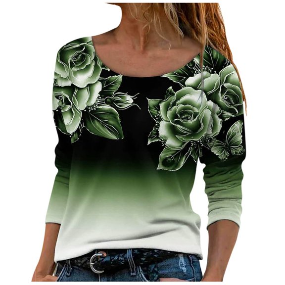 USSUMA Tunic Long Sleeve Shirts For Women - Boho Dressy Plus Size T Shirts for Women Round Neck Long-Sleeves Women Early Autumn Pullover T-Shirt Daisy Polka Dots Butterfly Print Tops