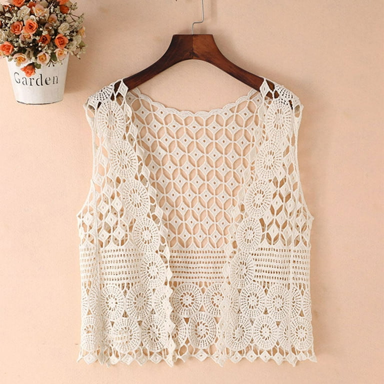 HGYCPP Women Hollow Out Crochet Crop Top Vest Open Front Floral