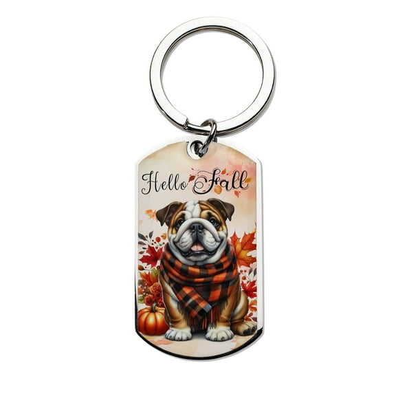 Hello Fall Bulldog Scarf Welcome Autumn with Leaves Pumpkins Stainless Steel Keychain Dog Lover Gifts Idea Collar Charm Tag Keyring - 00011