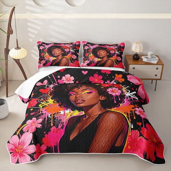 Castle Fairy Black Girl Chic Floral Twin Quilt Set,Graffiti Splash Twin Coverlet Set,Pink Black