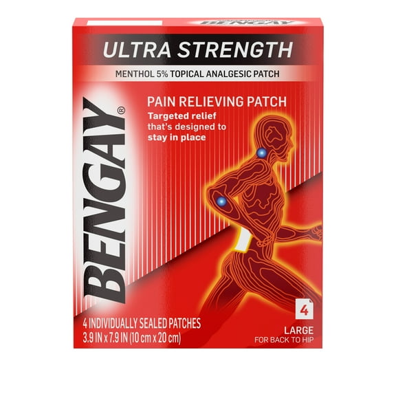 Ultra Strength Bengay Pain Relief Patches, Large, 3.9 x 7.9 in, 4 Count