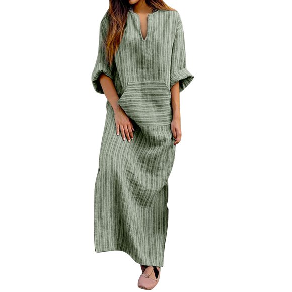 Wijhcboe 2025 Women's New Summer Cotton Mid Dress And Linen Yarn-Dyed Striped Teacher Dresses Loose Long Dress for Women Womens Dresses Summer Womens Midi Dress