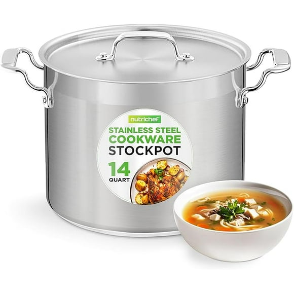 NutriChef 14 Quart Stock Pot with Lid - Heavy Duty Stainless Steel, Induction Ready, Ergonomic Handles